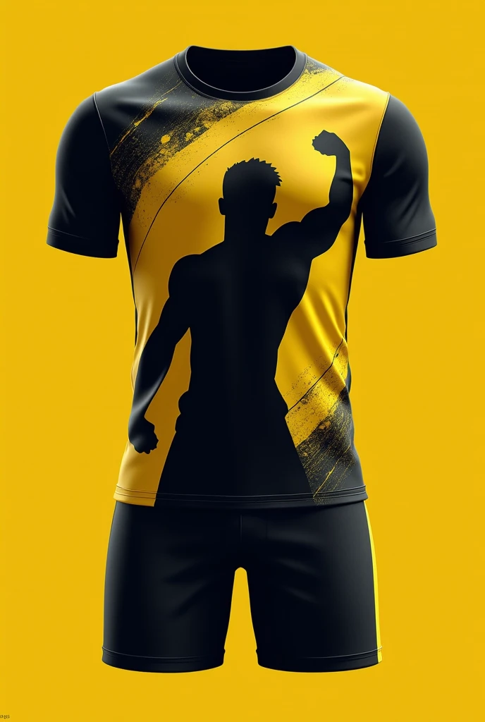 For a black soccer uniform with a design of a silhouette of a muscular man vectorized in black and yellow tones you could consider the following::

shirt:

Color Base: negro.
design: A design with a silhouette of a muscular man vectorized in yellow and black tones, perhaps with a graphic style
Shorts: negro con amarillo 

Color Base: negro.
Details: They could have small accents in yellow to complement the design of the shirt.
socks: