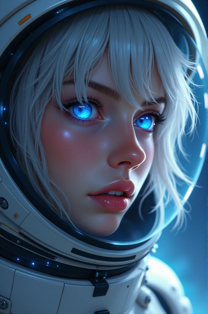 (Close-up of a better masterpiece:1.5)0.9], (Space and astronauts:1.2) (Messy silver hair:1.1) (Heterochromia xanthochromia and blue eyes:1.2) (Space Helmet:1.0) (Colored stars in the eyes:1.0) (A radiant glow:1.1) (thick lips:0.9)