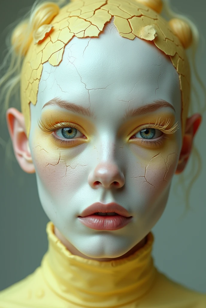 Do an egg drag queen make-up, a white skin with baby yellow tones, make it have details of egg cracks, cracks with white skin