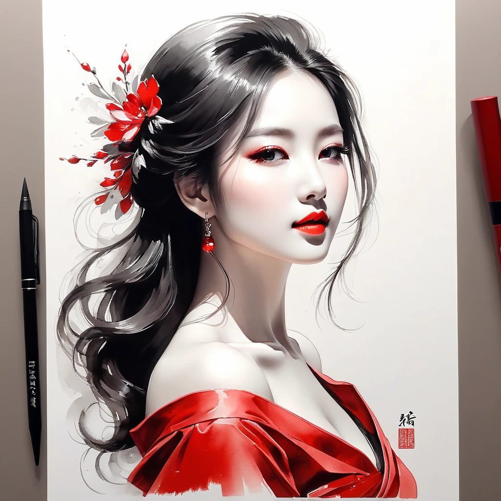 elegant maiden,black andwhite水墨画,pen sketch drawing,loose brushwork,Pen outlines delicate lines,Fluid action,Subtle shades of paint,elegant posture,A peaceful expression,Delicate features,black andwhite,to clean, small red color.