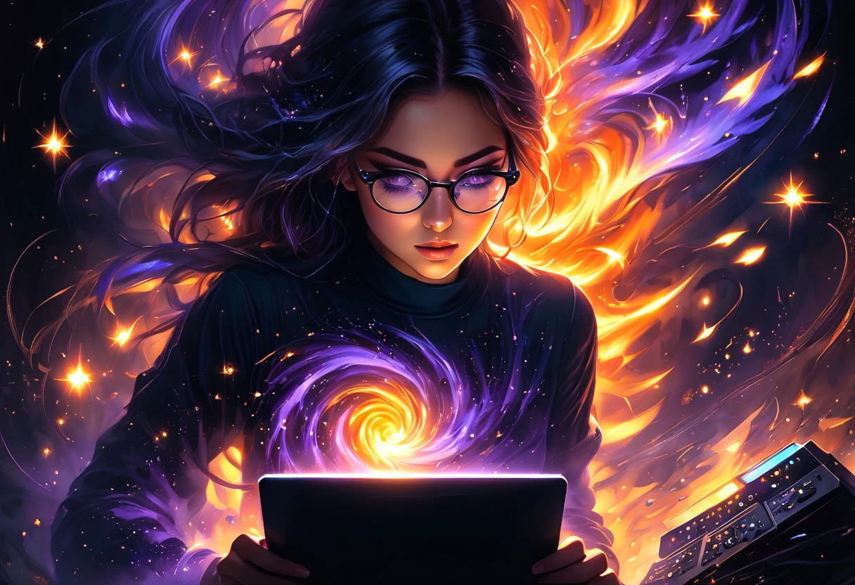 Midjourney, MJ, Midjourney style, pastel, dry chalk, poster, reality, macro, cinematic light, close up details, reality style, score_9, score_8_up, score_7_up, score_6_up, a dramatic cinematic scene featuring a young woman with glasses, intently working on a computer. A swirl of orange sparks erupts from the screen, symbolizing ((server overload: 1.4)) and a fire. Smoke billows around her, partially obscuring the chaotic environment. The room is dimly lit, and the bright, fiery glow of the sparks illuminates her determined expression. The scene captures a moment of tension and technological crisis, with the contrast between the warm, fiery light and the dark, shadowy surroundings highlighting the intensity of the situation.