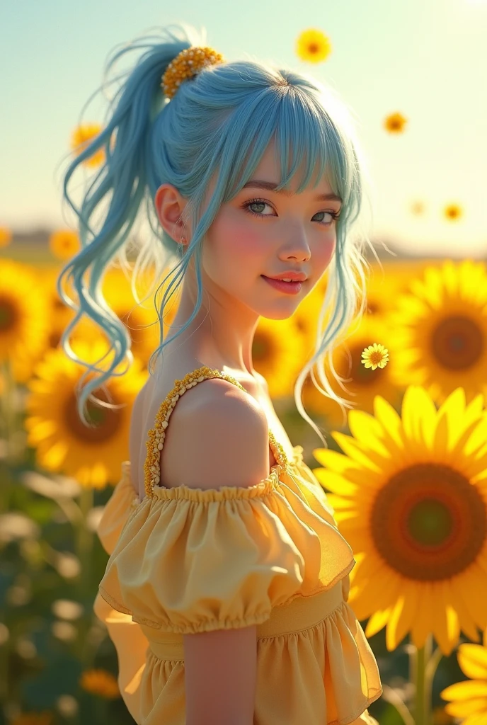 (masterpiece), (Highest quality), (Super detailed),(Disheveled Hair),(figure), (one person), (Fashionable clothes), Are standing, Fashion Model, smile、shy smile、View your viewers, (interview), (Simple Background),single eyelid、Beautiful attention to detail, Delicate and beautiful face, floating,(High saturation),(Colorful splashes),Vast sunflower fields,(The Shining), Lots of yellow sunflowers、Focus on the face,  ponytail, kamisato ayaka, Light blue hair, bangs, Hair Ring, Floating Flowers, Floating hair, (The Shining), Best lighting, Best Shadow,Bold Pose,Wink
