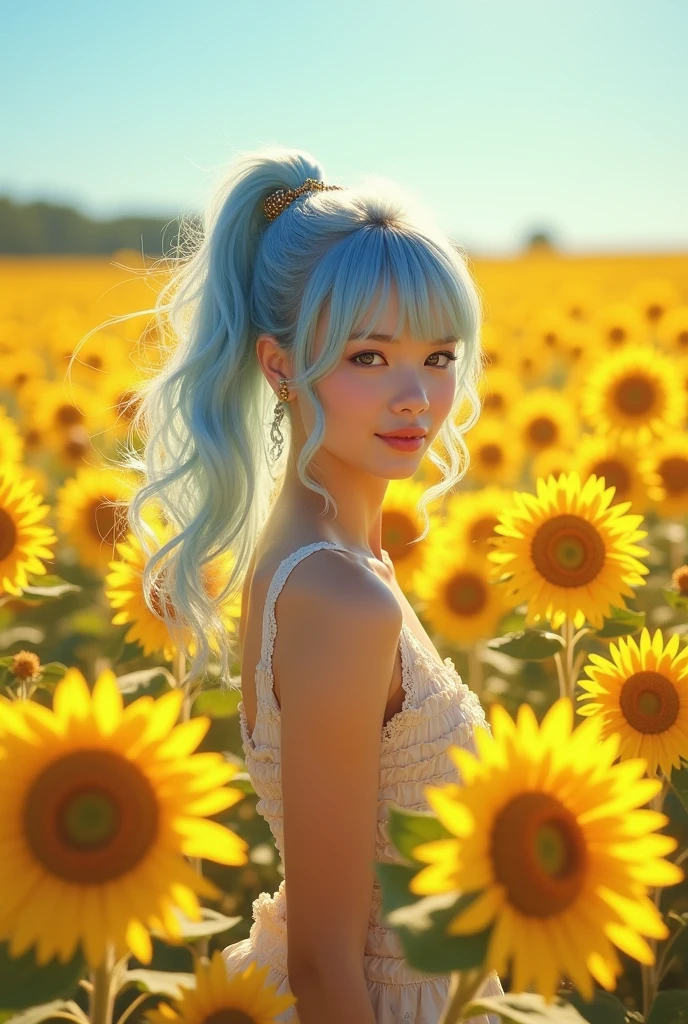 (masterpiece), (Highest quality), (Super detailed),(Disheveled Hair),(figure), (One person), (Fashionable clothes), Are standing, Fashion Model, smile、はにかんだsmile、View your viewers, (interview), (Simple Background),single eyelid、Beautiful attention to detail, Delicate and beautiful face, floating,(High saturation),(Colorful splashes),Vast sunflower fields,(The Shining), Lots of yellow sunflowers、Focus on the face,  ponytail, kamisato ayaka, Light blue hair, bangs, Hair Ring, Floating Flowers, Floating hair, (The Shining), Best lighting, Best Shadow,