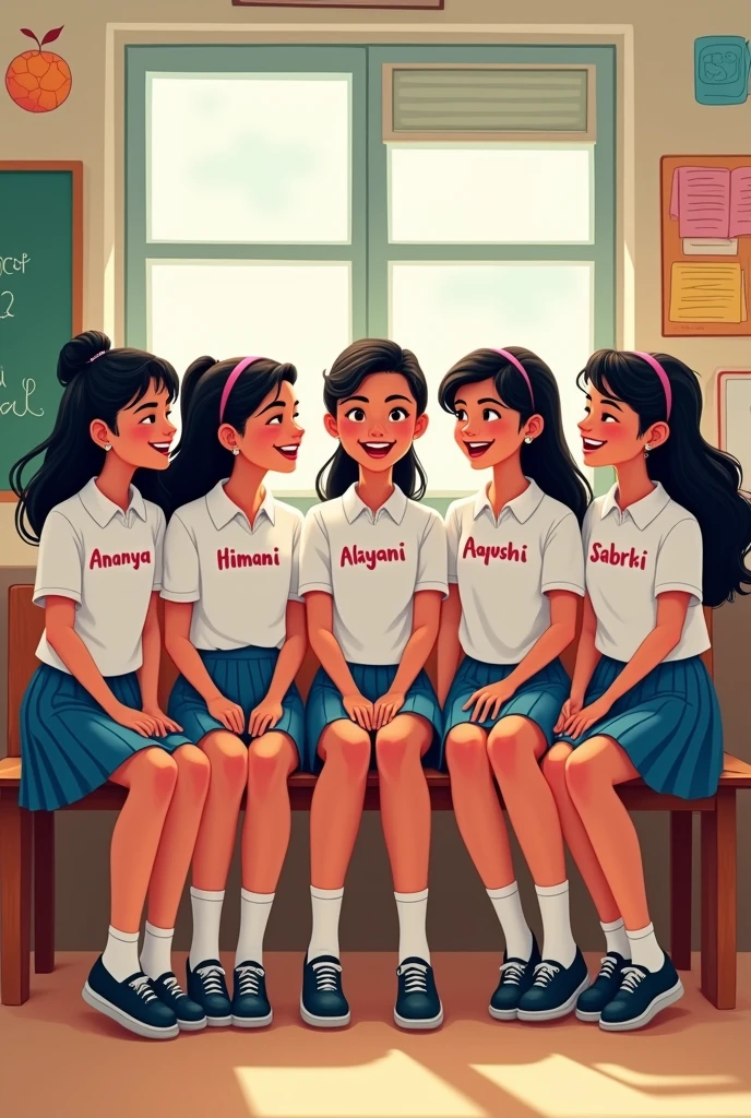 Six female besties image their names are ananya, Sifa, himani, aayushi, sabrin and nilanjal and their names are written in their school uniform and they sitting on a bench in their class
