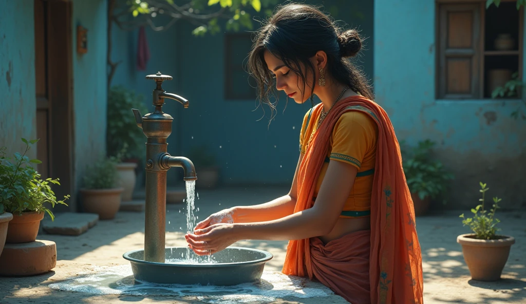 Vishaka in the Courtyard:** A young woman named Vishaka is in a simple rural courtyard. She is washing utensils, her hands submerged in soapy water. The courtyard is modest, with a few potted plants, a hand pump, and a rustic charm. Moonlight gently highlights her figure, giving the scene a tranquil and serene atmosphere.