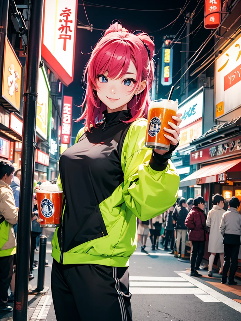 In a futuristic Tokyo setting, a lively Japanese girl is having a great time in a bustling izakaya, holding a large mug of beer in one hand and wearing a bright, cheerful smile. She’s dressed in trendy fashion with the latest hair color and hairstyle that reflects current trends. The surroundings are vibrant, with neon lights and sleek, modern décor that blends traditional and futuristic elements. She strikes a variety of poses, showing off her outfit and energy. The image should be highly detailed, with perfect and accurate anatomy, high resolution, and sharp clarity.