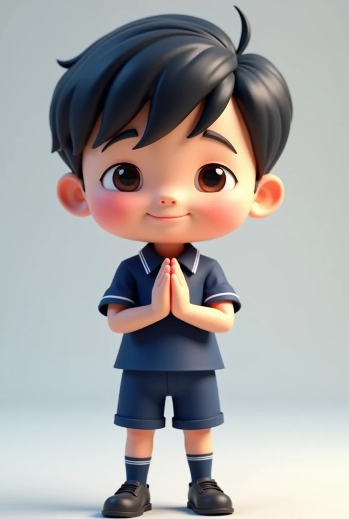 Cartoon boy in a school uniform, dark blue short-sleeved shirt, dark blue shorts, bowing, three-dimensional, looking straight ahead