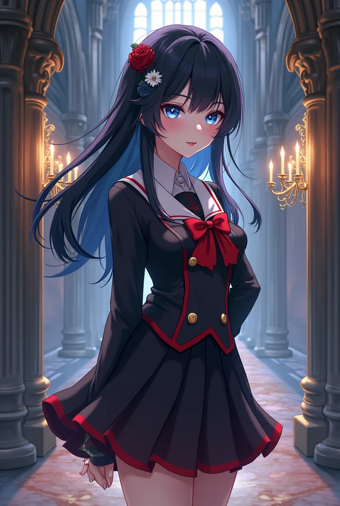An art in the style of genshin impact, of a young Western girl, with pale skin, Raven-black hair, blue colored eyes, Red lips, wearing school uniform, in an ancient castle hallway