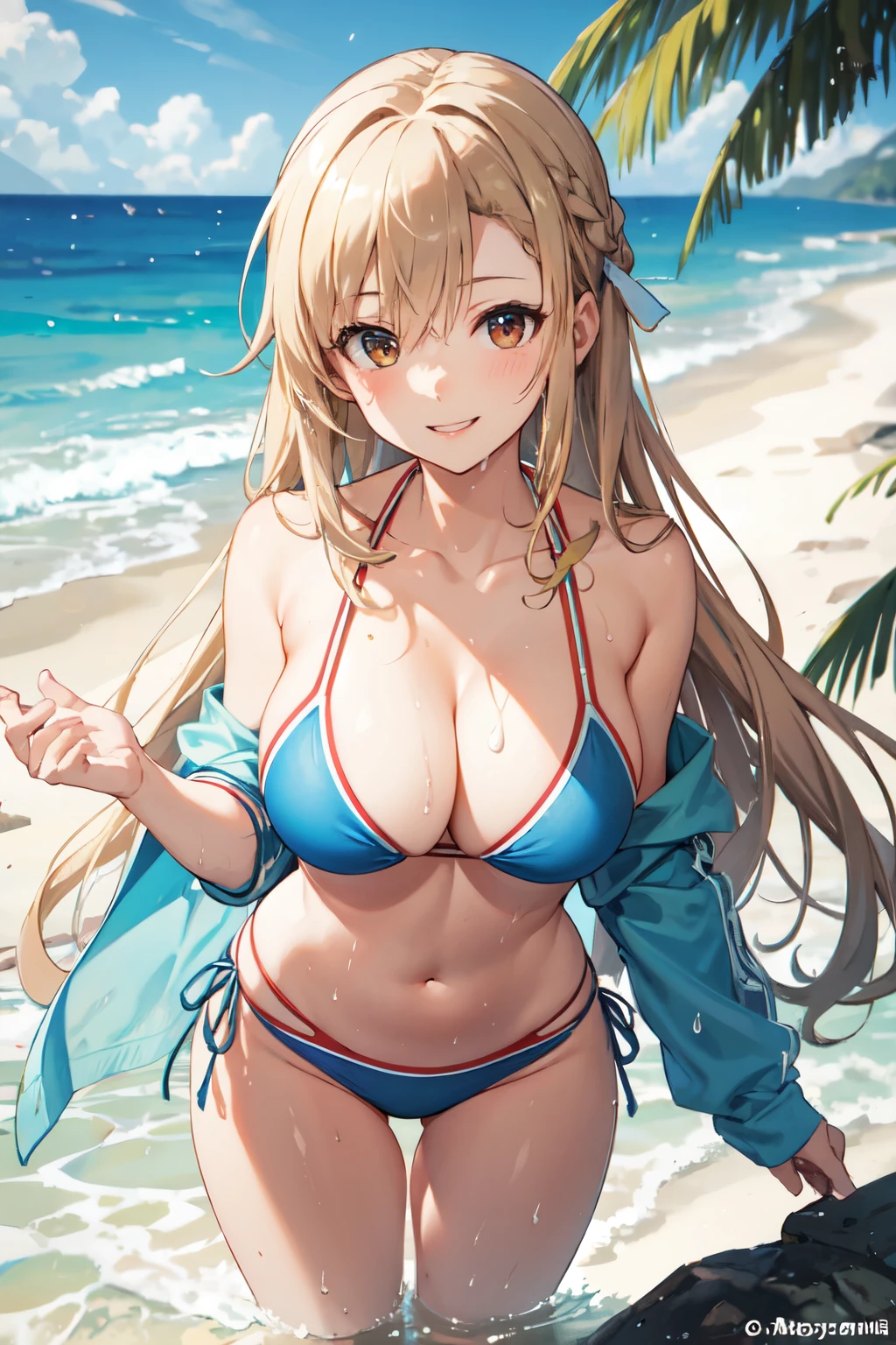 One person, alone, Asuna, Long Hair, Large Breasts, Cleavage, Thighs, (bikini), Are standing, Beach Sea, (Soaking wet:1.1), smile, Fine hand
