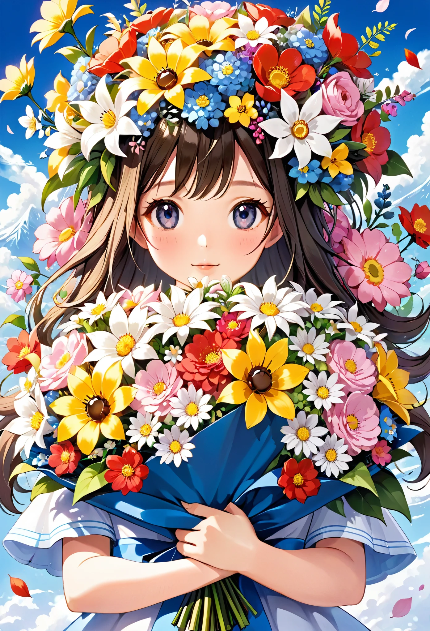 Close-up of a bouquet of flowers, Made of flowers少女, Girl in Flowers, Made of flowers, covered With flowers, With flowers, Carrying flowers, Full of flowers, Covered with flowers, Holding flowers, Lee Song, By Chiho Aoshima, By Niduan, Cute artwork, Jan Born, Send flowers to the heir'cheek