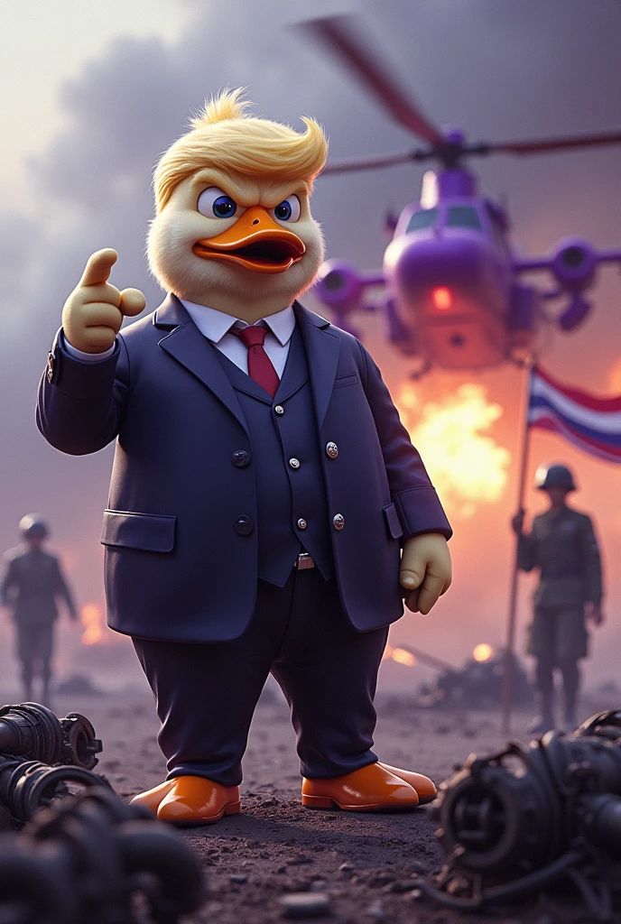 Purple helicopter shooting machine gun at the tank, battlefield background, dead soldiers on the ground, mafia duck with soft fur skin wearing a suit and pants and shoes with hairstyle of donald trump standing on ground pointing finger forward, one soldier holding thailand flag behind