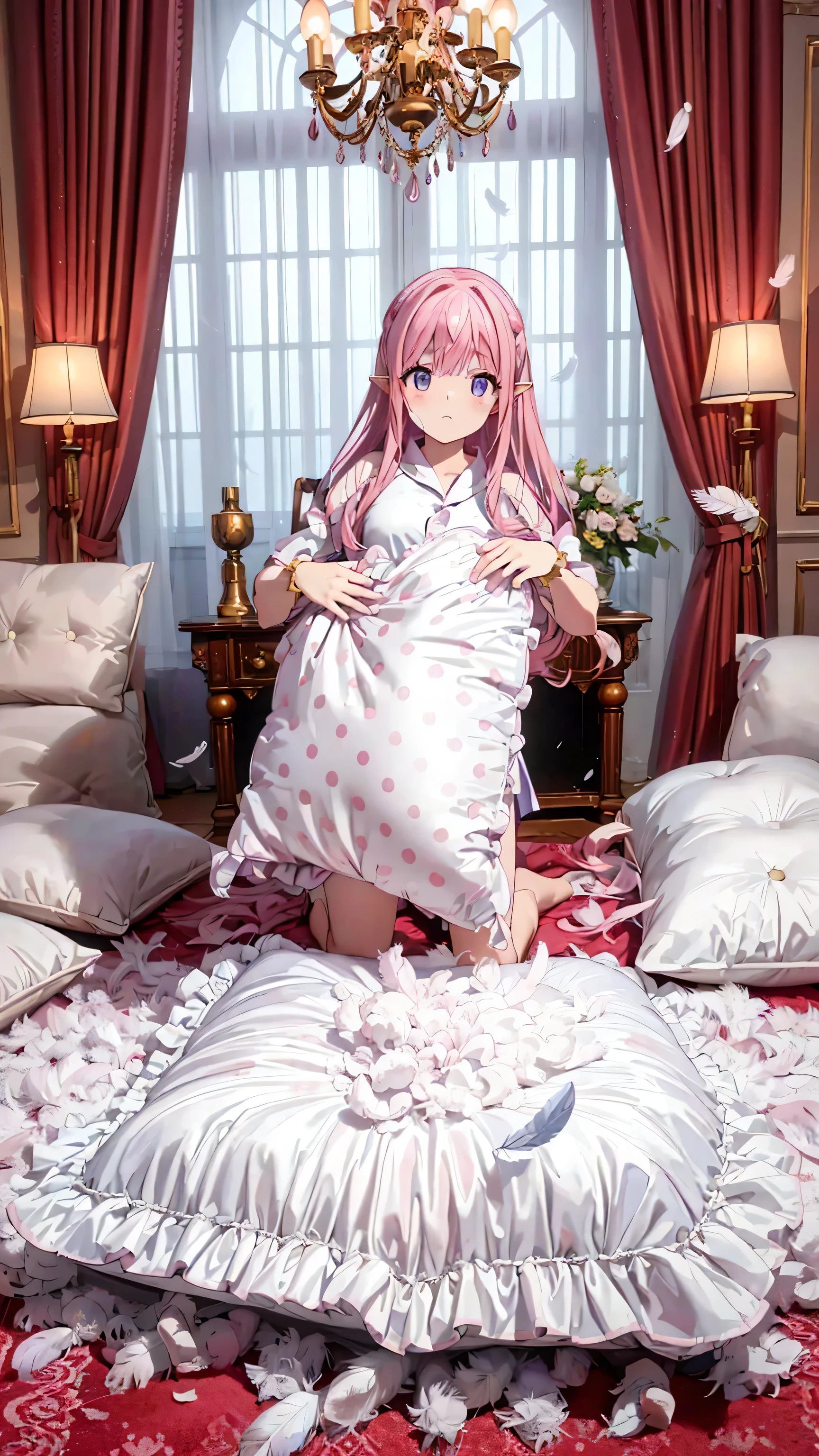 (best quality, masterpiece) , details, (Light and shadow oxtail) , Cute girl posing on pillow ,Pillow, Upholstered,Soft pillow,(Pillow),The love surrounding the protagonist,steam,(Luxury Pillow),(Gorgeous pattern pillow),luxurious pillow, standing,(Love around the protagonist),(pillow), long hair, frilled pillow , ((pink pillow)) , 1 pillow, standing on a top of pillow, on pillow, big pillow, fluffy pillow, pillow damage, stomping pillow, stonping, pillow on floor, stepping on pillow, posing on top pillow, full body, pillow on floor, (((pink hair))), hatsune (princess connect), (((feathers))), pillow destroy, ripping pillow, tearing pillow in half, feathers everywhere, cotton, stuffing pillow, purple eyes, hair rings, star hair ornament, pointy ears, white satin frilled pillow with pink polkadot pattern