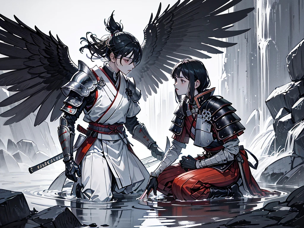 create a male samurai standing at the edge of water fall holding his katan and samurai armor kneeling for a female goddess who have angle wings 