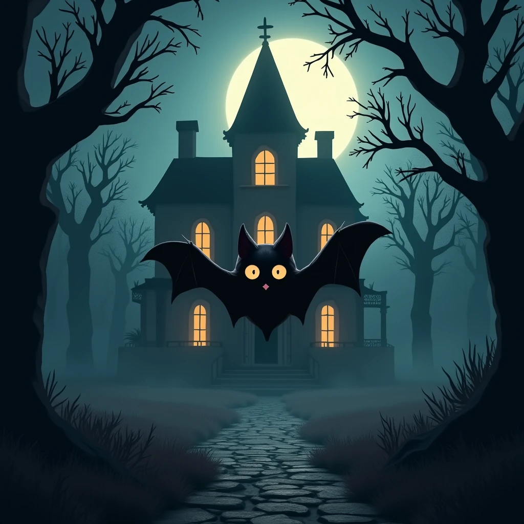 (best quality,4k,8k,highres,masterpiece:1.2),ultra-detailed,(realistic,photorealistic,photo-realistic:1.37),spooky cute bat, haunted mansion, full moon, dark atmosphere, gothic architecture, eerie shadows, misty surroundings, moonlight reflection, intense eyes, flapping wings, creaking doors, mystical creatures, mysterious atmosphere, hauntingly beautiful, mystical moonlit sky, enchanting ambience, bats flying, haunted aura, spooky charm, night-time drama, Victorian-style mansion, majestic presence, ominous vibes, hauntingly magical, twisted tree branches, glowing moonlight, creepy elegance, abandoned feel, eerie silence, mystical atmosphere, haunted charm, gloomy backdrop, spooky cuteness, bewitching scenery, chillingly adorable bat, ghostly aura, dark secrets, ominous beauty, supernatural elements, mysterious allure, spooky fantasy, eerie allure.