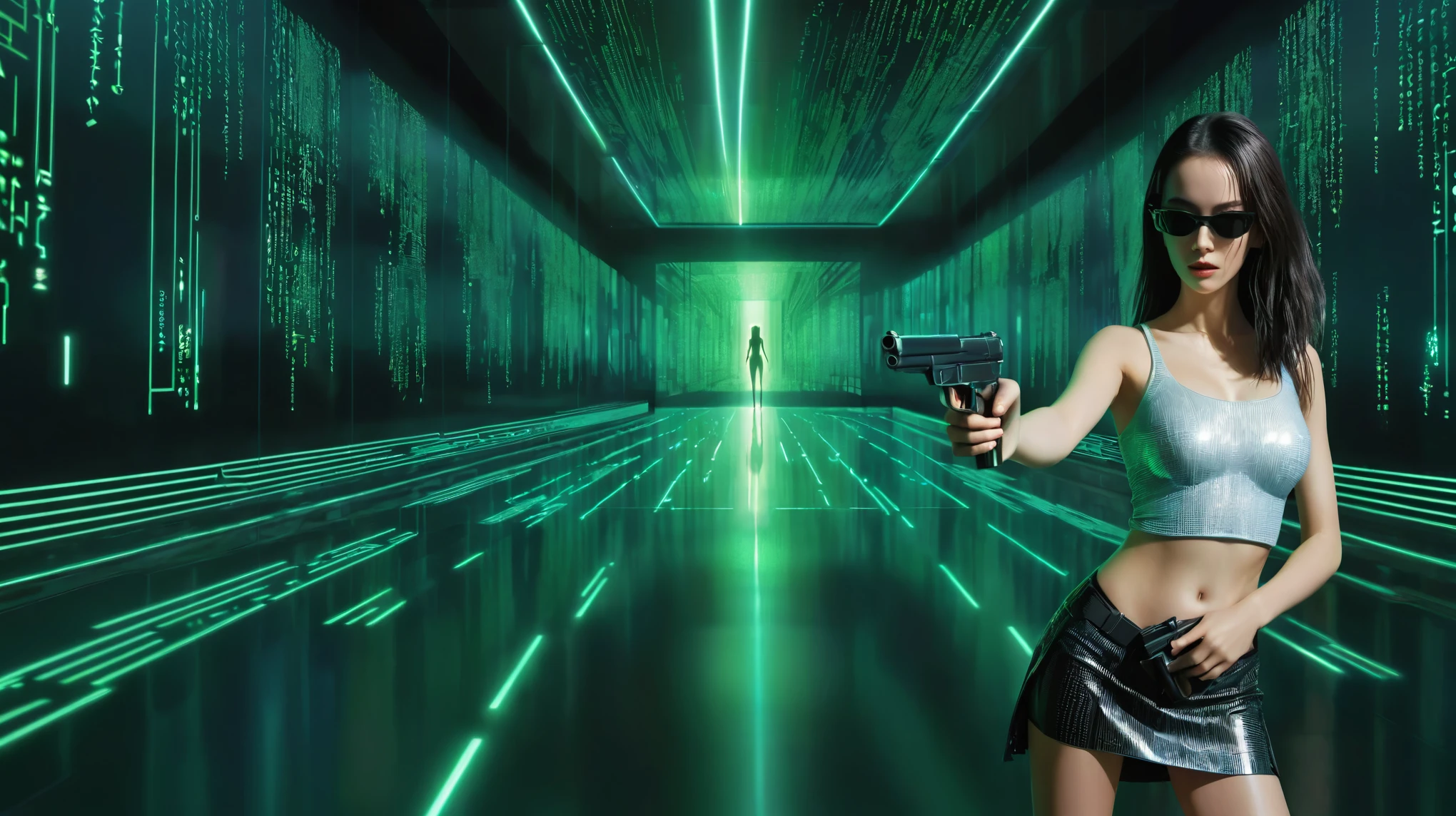 in The Matrix world, circuit style floor, Matrix code cascading on the glass wall, projected image of an outlined light-blue holographic humanoid-female-head-only hairless AI system submerged into the wall at the far end, high contrast, deep focus, the iconic green and black color palette, cyberpunk aesthetic, ultra realistic, breathtaking surreal masterpiece. At night, (1girl, solo), photorealistic, medium-breast:1.3 slim body, cleavage, matrix style costume with miniskirt, (matrix style black sunglasses, holding a short gun), half-body thigh level medium shot, cinematic lighting, ray tracing.
