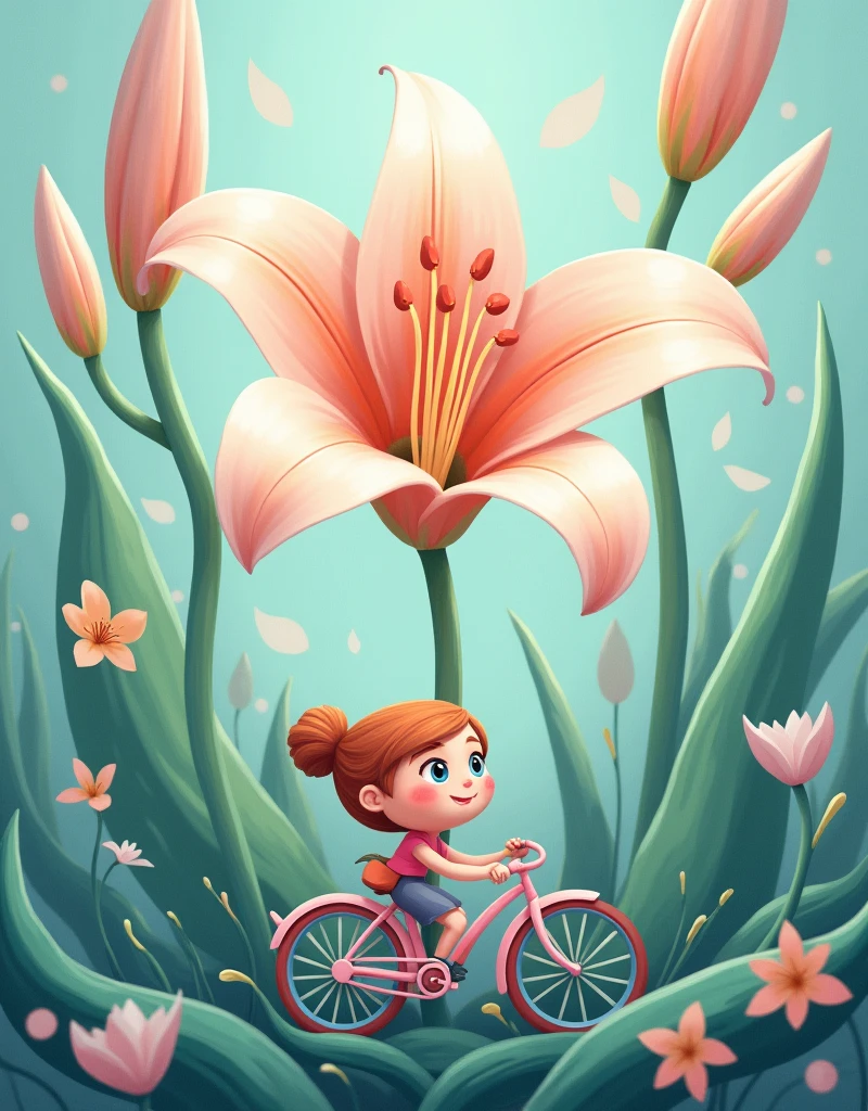 a portrait of Bicycle, the background is the petals of an oversized lily, with a men, The flower has green stamens and long leaves, creating a dreamy effect. In light pink and sky blue tones, this illustration features cartoon characters and vector graphics. It was created using digital painting in the style of artists such as award winning illustrators
