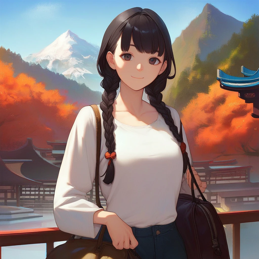 score_9, score_8_up, score_7_up, score_6_up, score_5_up, score_4_up, BREAK source_anime, masterpiece, 1girl, braid, solo, twin braids, black hair, outdoors, smile, looking at viewer, long hair, holding, bangs, mountain, tree, closed mouth, long sleeves, east asian architecture, black eyes, collarbone, pants, brown eyes, day, white shirt, architecture, ribbon, bag