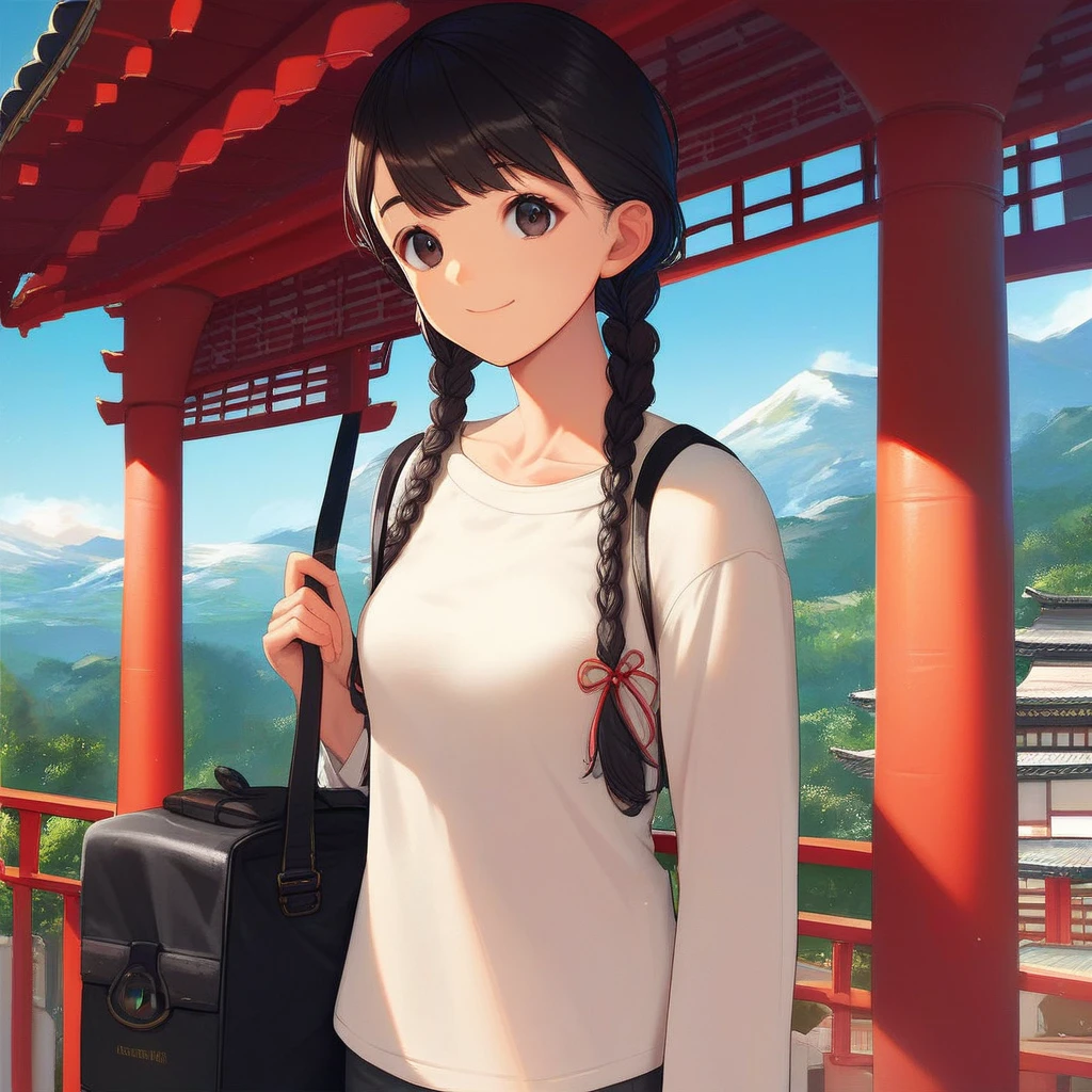 score_9, score_8_up, score_7_up, score_6_up, score_5_up, score_4_up, BREAK source_anime, masterpiece, 1girl, braid, solo, twin braids, black hair, outdoors, smile, looking at viewer, long hair, holding, bangs, mountain, tree, closed mouth, long sleeves, east asian architecture, black eyes, collarbone, pants, brown eyes, day, white shirt, architecture, ribbon, bag