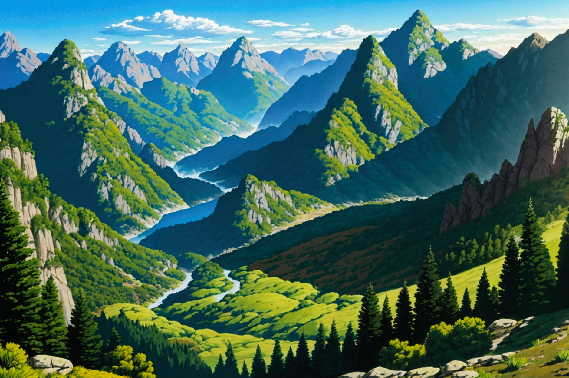 We are looking down into the Valley from a dirt road leading in, The Land is lush and green with a small lake, a river runs through the center of the valley, Small Medieval European style towns dot the landscape, There is a forest to the east, there is a swamp to the west, The mountains in the east are lush and green, the mountains in the west are spiny, craggy and snow capped,