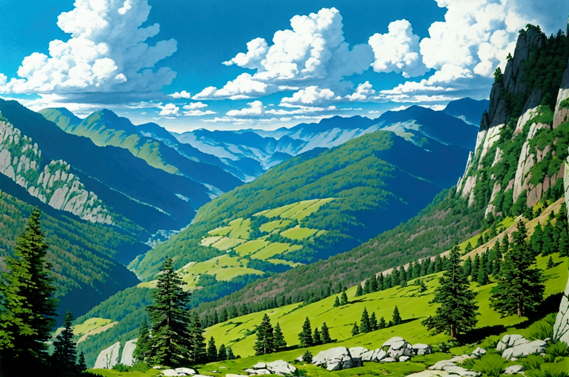 We are looking down into the Valley from a dirt road leading in, The Land is lush and green with a small lake, a river runs through the center of the valley, Small Medieval European style towns dot the landscape, There is a forest to the east, there is a swamp to the west, The mountains in the east are lush and green, the mountains in the west are spiny, craggy and snow capped,