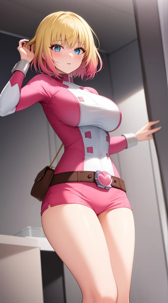 gwenpool, 1girl, blonde hair, multicolored hair, solo, blue eyes, short hair, gradient hair, belt, two-tone hair, pink hair, large breasts, a large boob hole