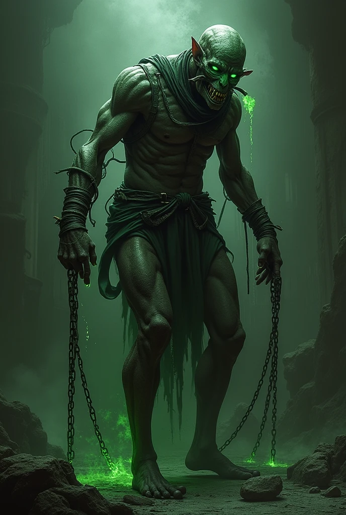 Images of a fantasy character with adrenaline tied up with chains and a muzzle with hoses and green liquid. 