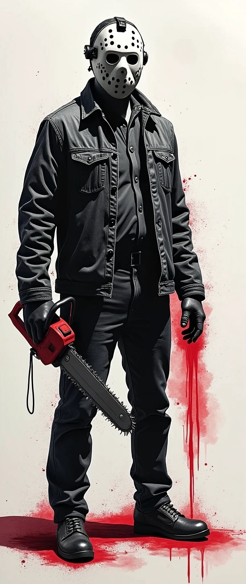 (masterpiece:1.2,Highest quality,Ultra-high resolution,Super detailed),8k,wallpaper,(Ink Painting:2.0),(Polish your pen:2.0),Friday the 13th,Jason,Holding a chainsaw,Avant-garde artwork using ink.,(Ink smudge:2.0),(Ink bleed:2.0),dynamic