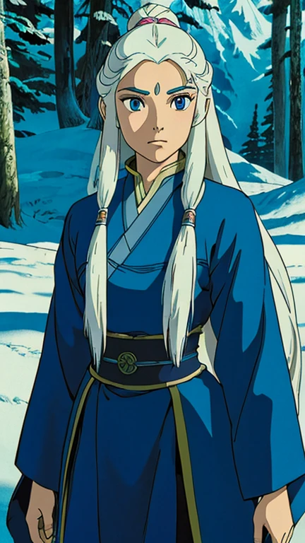 (1girl, princess | The Last Airbender), (extremely detailed CG unit 8k wallpaper),(master part), (best quality), (ultra detail), (best illustration),(melhor ombre), cowboy shot, (Sharp eyeliner, ombre, detailed eyes:1), Snowy Woods, outdoor background,break , (ghibli style), upper body, long_hair,white hair,very long hair