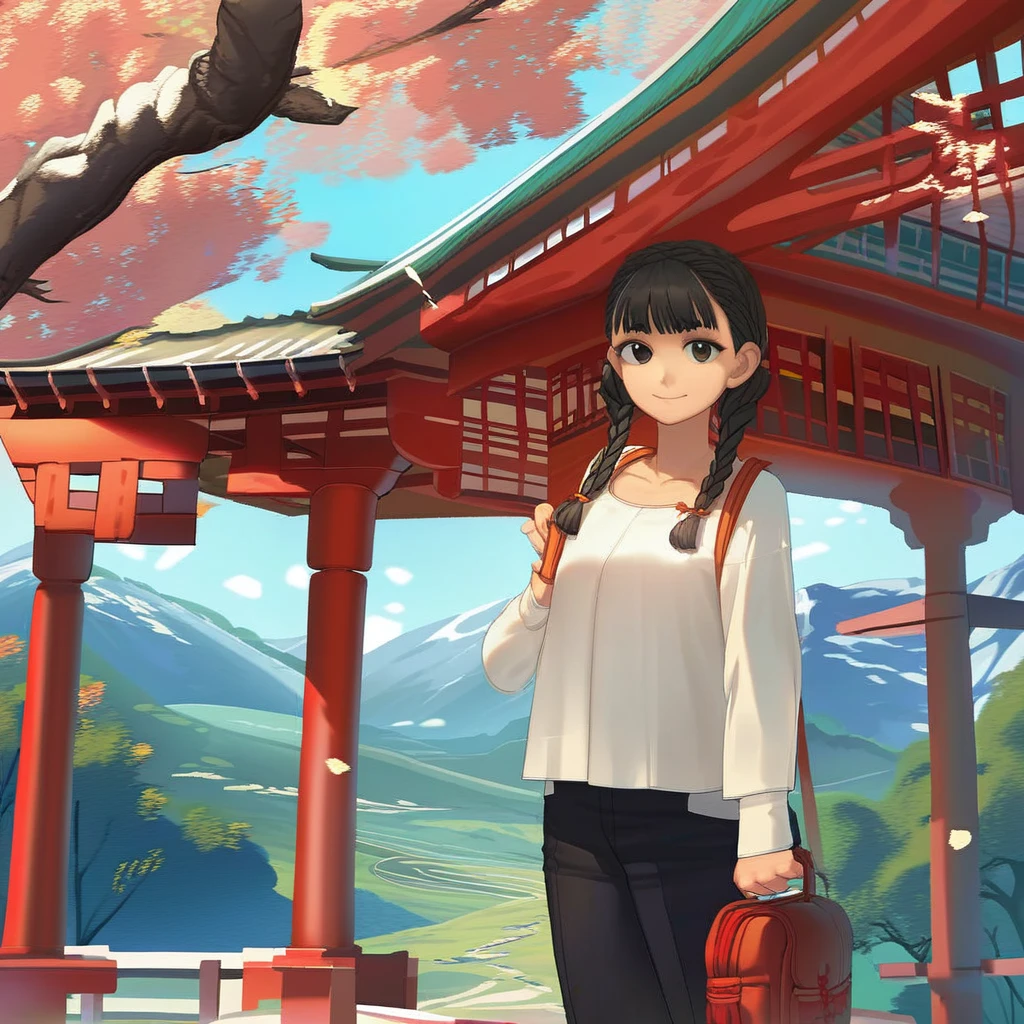 score_9, score_8_up, score_7_up, score_6_up, score_5_up, score_4_up, BREAK source_anime, masterpiece, 1girl, braid, solo, twin braids, black hair, outdoors, smile, looking at viewer, long hair, holding, bangs, mountain, tree, closed mouth, long sleeves, east asian architecture, black eyes, collarbone, pants, brown eyes, day, white shirt, architecture, ribbon, bag