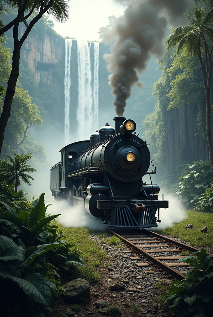 Train passing through the jungle and waterfall
