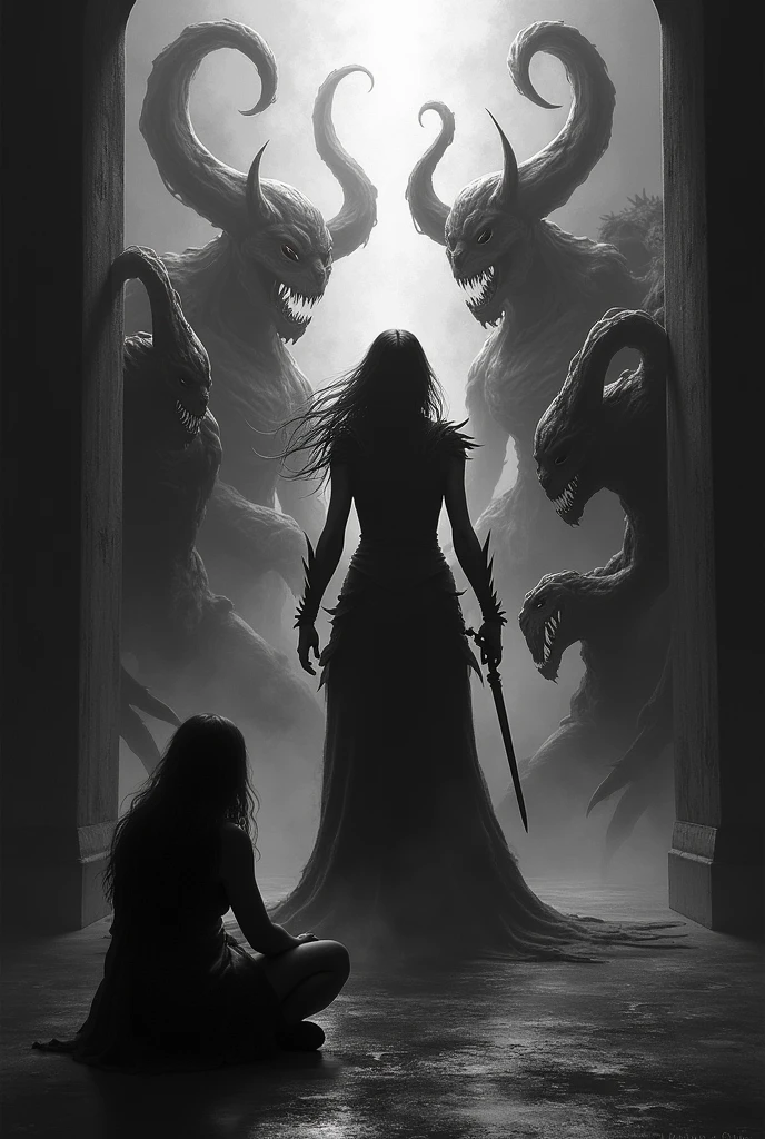 Black shadow image of A female fighting with demons in one side of the pic and a women sitting and crying in corner in other side of the image 