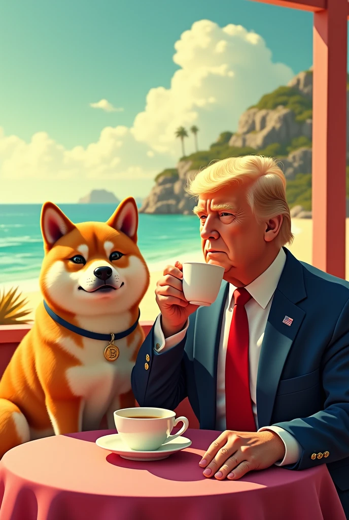create an image of doge coin doge along with a portrait of donald trump taking tea , yellow background with a far away beach side wide angle view, scene should be colorful and bright;
