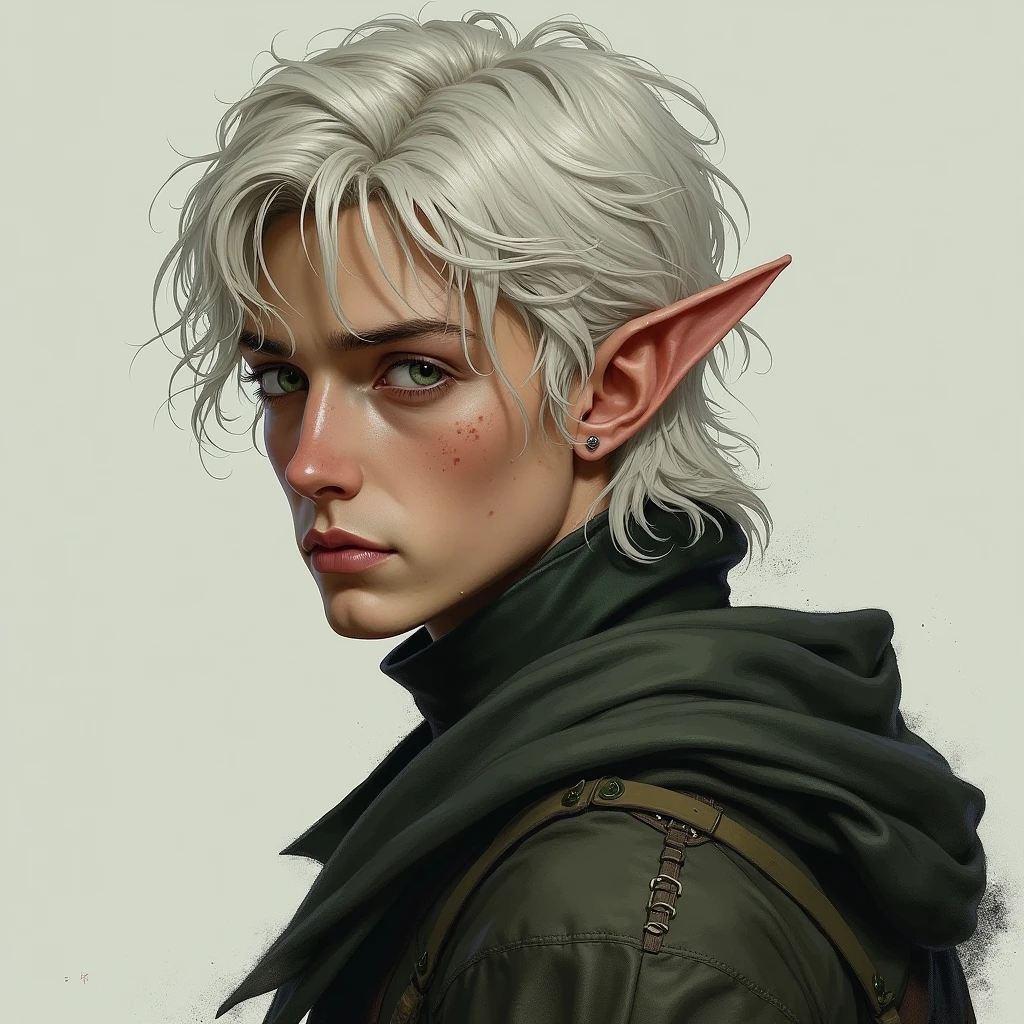 Draw a VERY REALISTIC fantasy style drawing of a very attractive 19-year-old male ELF, stark, Caucasian skin, ashen hair, green eyes with clothes of war
