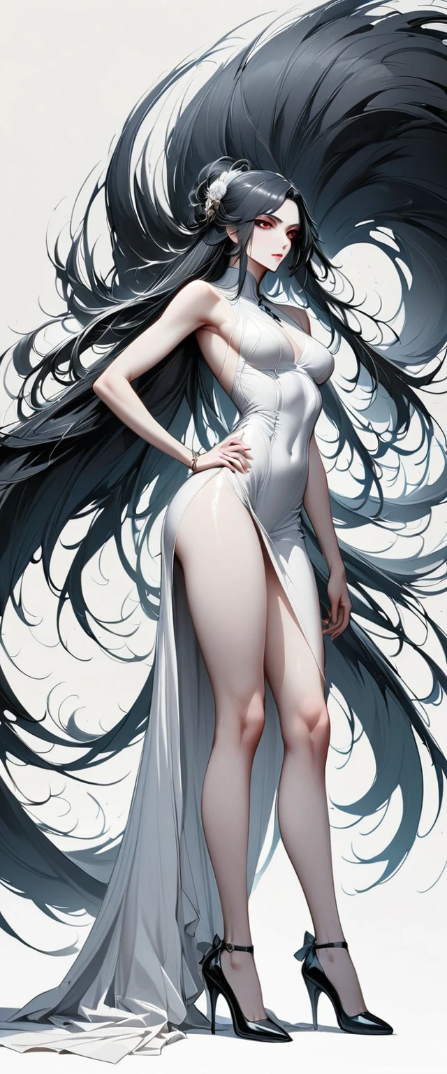 (Huang Li, high resolution, Super detailed, Unique),1 girl, Pure white background, Full body standing, elder sister, period, Elegant and sophisticated, On Chinese mini-dress, sleeveless, fair, Attractive, beautiful legs, high heels, (:0.9)