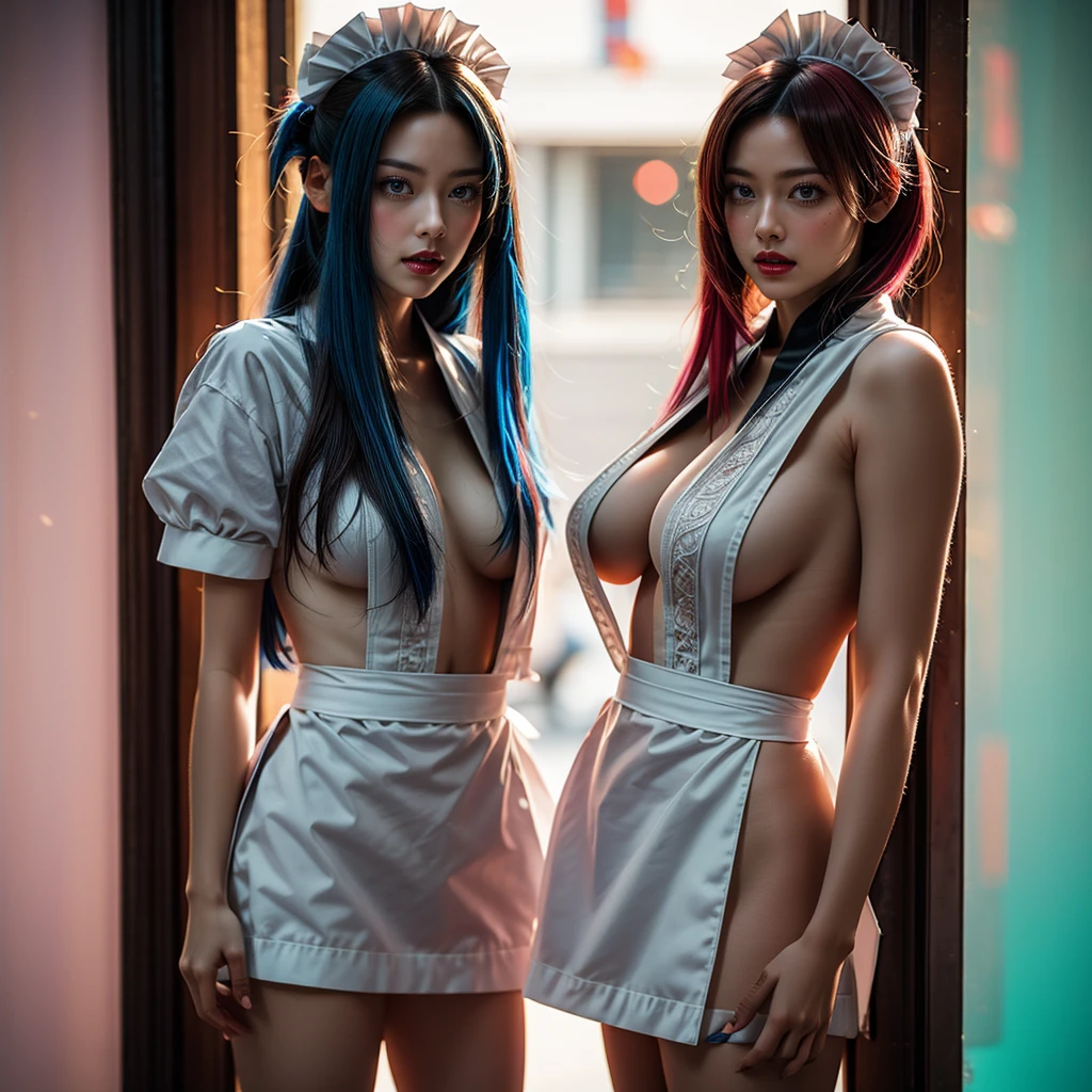 (Full Body of Extremely Detailed((Sexy Maid Group in a row:1.37))), KAWAII perfect face, Reflective Eyes, Detailed(Delicate Clothing textures), Correct Leg Line, Dynamic Joyful Expressions LifeLike Rendering, Specular Reflection, TopQuality 8K Ultra-detailed masterpiece (ProfessionalPhoto:1.37), (Acutance:0.8), (Luminism:1.28), Renaissance art style, Colorful Light particles, ((Full body from side)), {MicroMini Skirt|Kissing|Thigh Gap|AssFocus|(NakedApron with (Overflowing SideBoob))}, Radiant Fine Skin with Transparency, (Exposed:0.41), (Different types of Anime hair color){Pink Hair|Blue Hair|Platinum Blonde|Pure White Hair|Liquid Hair}, Perfect Lighting
