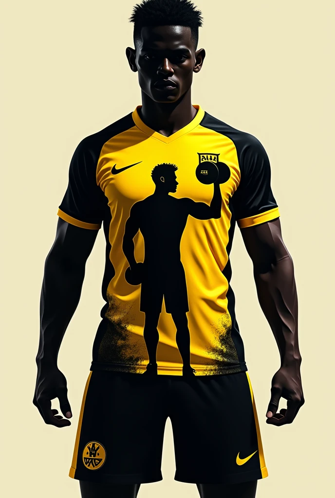 For a black soccer uniform with a design of a silhouette of a muscular man in profile lifting dumbbells vectorized in black and yellow tones you could consider the following::

shirt:

Color Base: ?????.
design: A design featuring a silhouette of a muscular man lifting weights, vectorized in yellow and black tones., perhaps with a graphic style
Shorts: ????? con amarillo 

Color Base: ?????.
Details: They could have small accents in yellow to complement the design of the shirt.
socks: