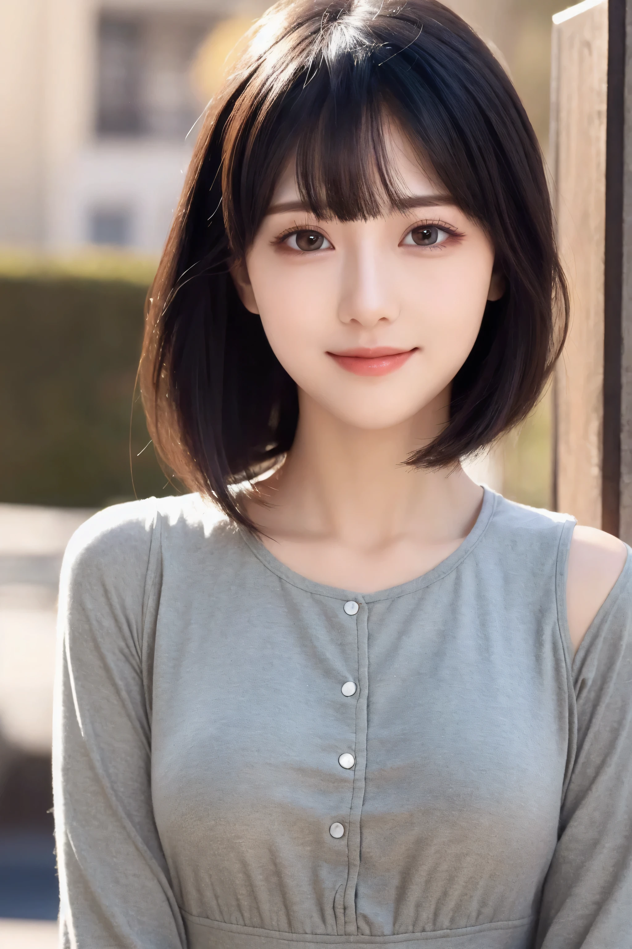 (8k, RAW Photo, Best Quality, Masterpiece:1.2), table top, Ultra Detail, Super Resolution, (Realistic, Realistic Photo:1.37), Portrait, High Detail RAW Color Photo, Professional Photo, Extremely Detailed and Beautiful, Extremely detailed, 8k wallpaper, amazing and detailed, huge file size, official art, highly detailed CG unity 8k wallpaper, highly detailed beautiful girl, highly detailed face, highly detailed eyes, highly detailed skin, highly detailed fingers, highly detailed nose, very detailed detailed mouth , perfect anatomy, highly detailed background, highly detailed clothes, 1girl, 17 year old girl, cute girl, realistic body, fair skin, glowing skin , slim body, handsome body, black hair , short hair, (blunt bangs:1.2), smile, cute, youthful, cute face, realistic face, delicate eyes, drooping eyes, looking at viewer, facing front, standing posture, Contraposto, dynamic lighting, ((face closeup)), (medium chest), (Perfect Body Proportions), (slender Body Proportions), (bedroom), super sexy pose, ((neat dress)),