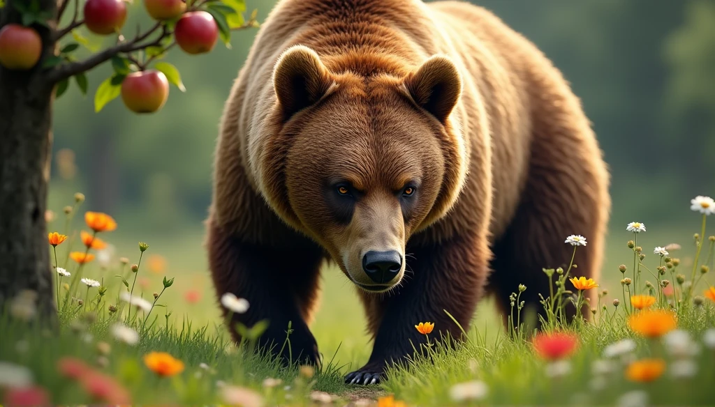 Bears eat honey.,Close-up of a bear,foraging in the forest,Soft grass,Surrounded by flowers,an apple tree,8k,high quality