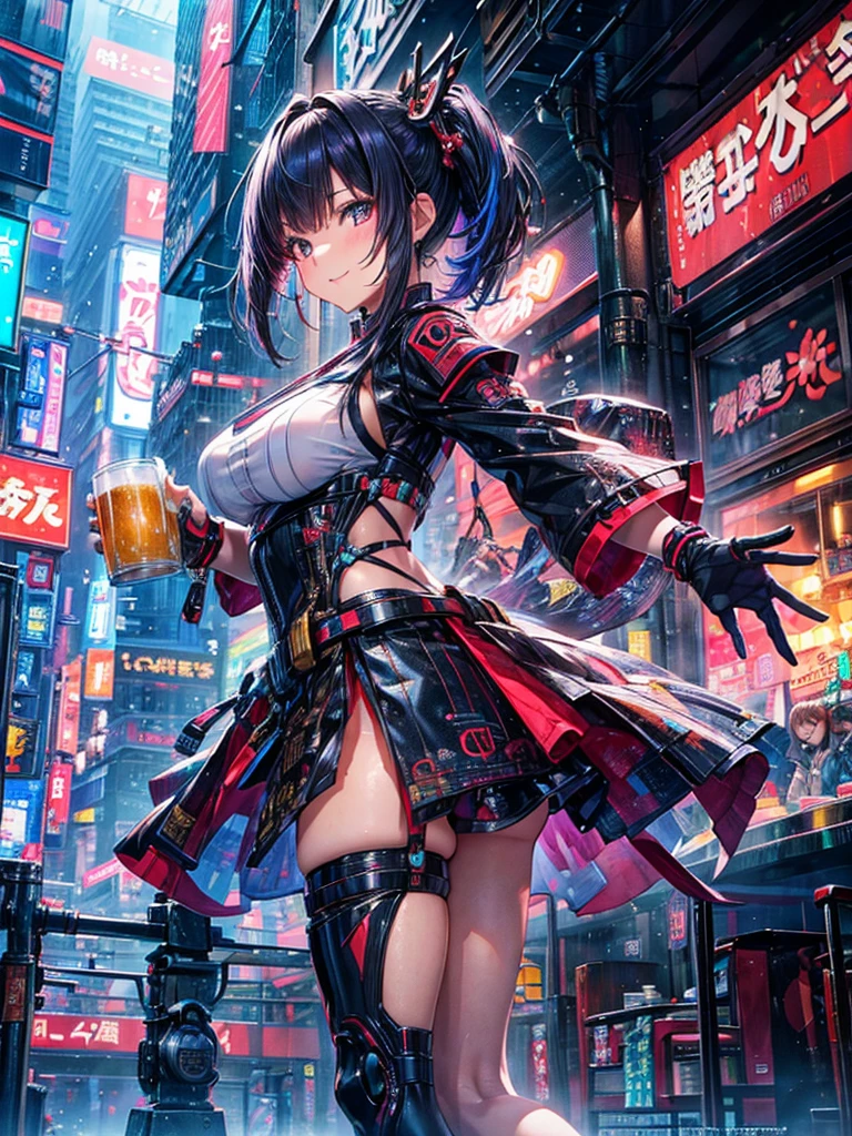 In a futuristic Tokyo setting, a lively Japanese girl is having a great time in a bustling izakaya, holding a large mug of beer in one hand and wearing a bright, cheerful smile. She’s dressed in trendy fashion with the latest hair color and hairstyle that reflects current trends. The surroundings are vibrant, with neon lights and sleek, modern décor that blends traditional and futuristic elements. She strikes a variety of poses, showing off her outfit and energy. The image should be highly detailed, with perfect and accurate anatomy, high resolution, and sharp clarity.