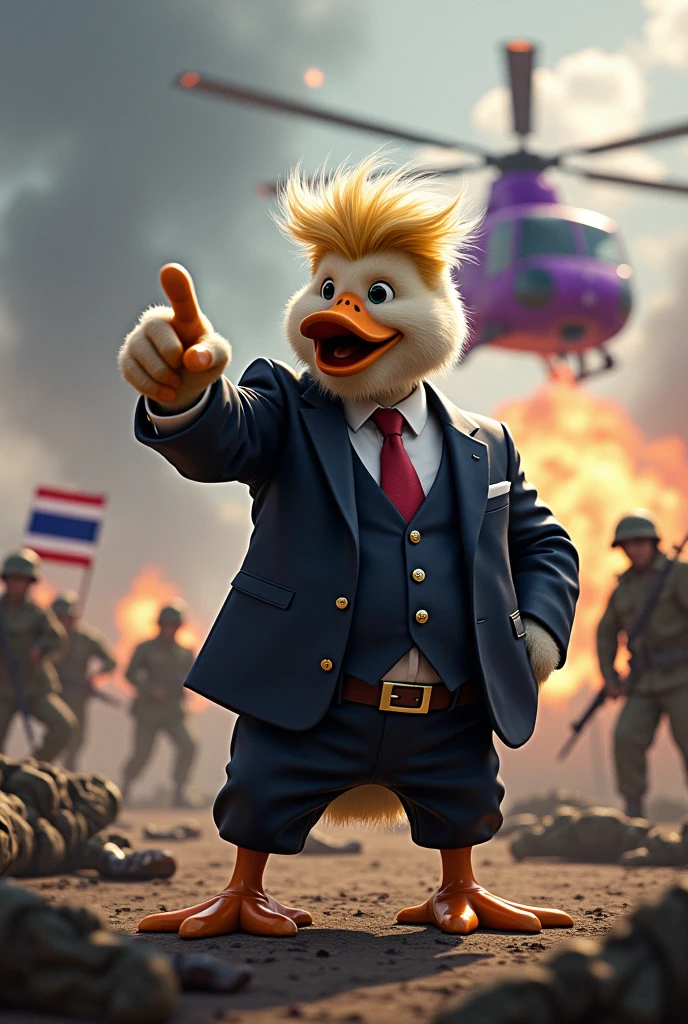 Purple helicopter shooting machine gun at the tank, battlefield background, dead soldiers on the ground, mafia duck with soft fur skin wearing a suit and pants and shoes with hairstyle of donald trump standing on ground pointing finger forward, one soldier holding thailand flag behind