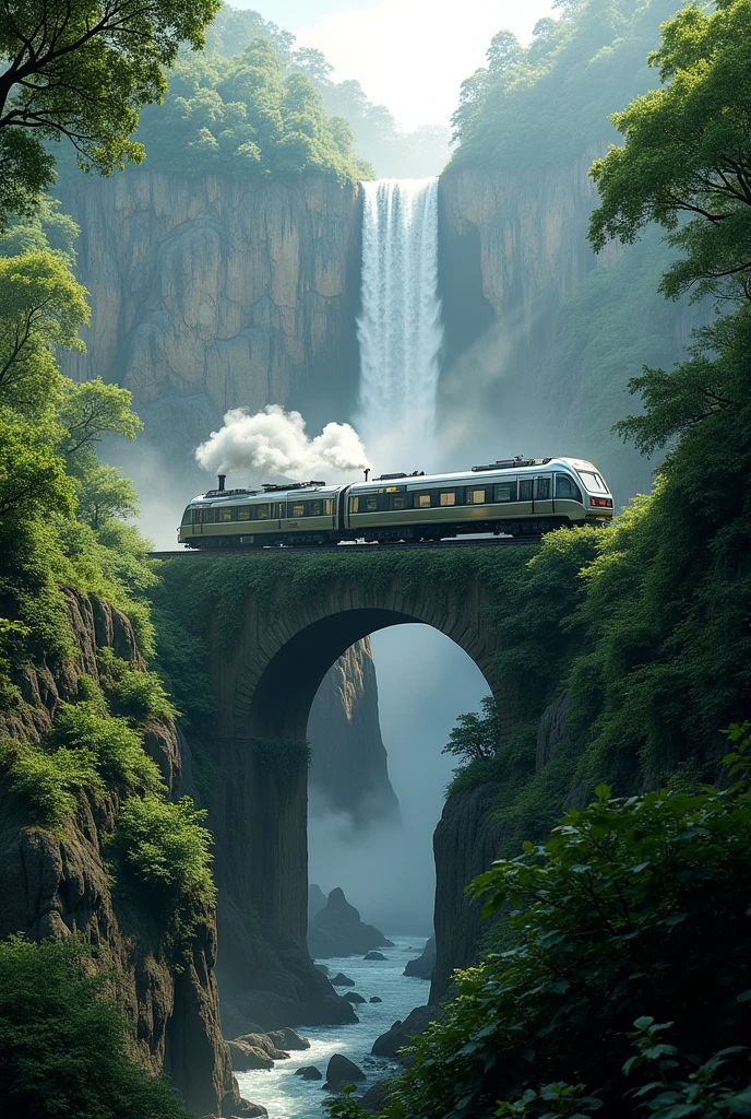 Train passing horizontally through the jungle and waterfall