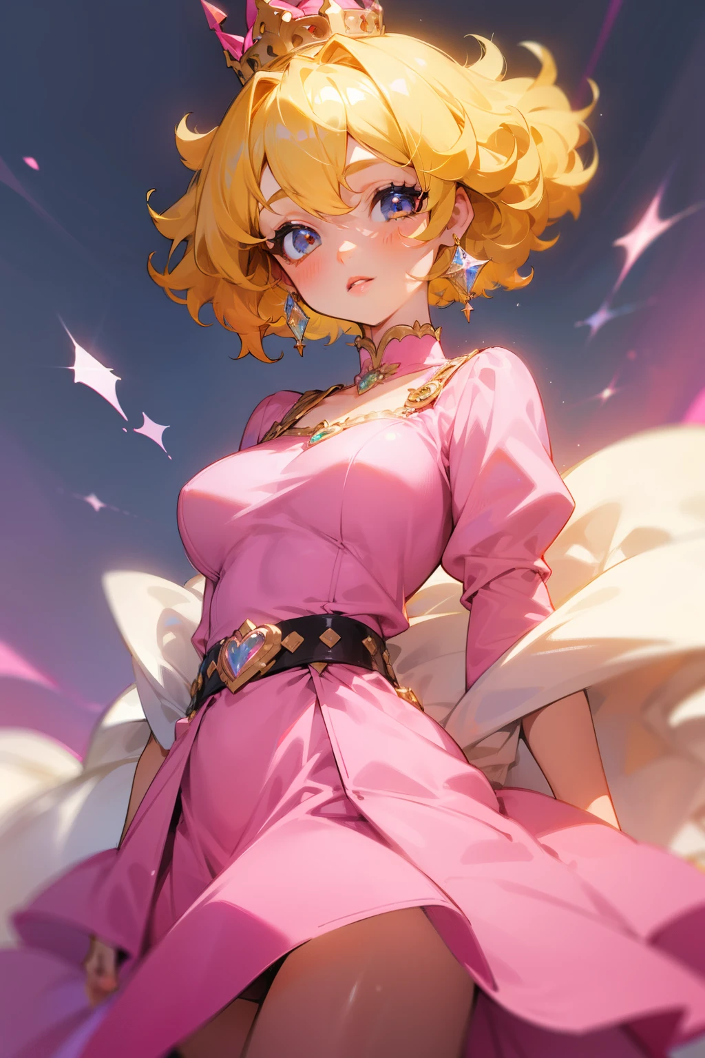 Cute girl, short curly yellow hair, small crown, earrings with crystals, big lips, pink dress, big breasts, pink belt, short skirt
