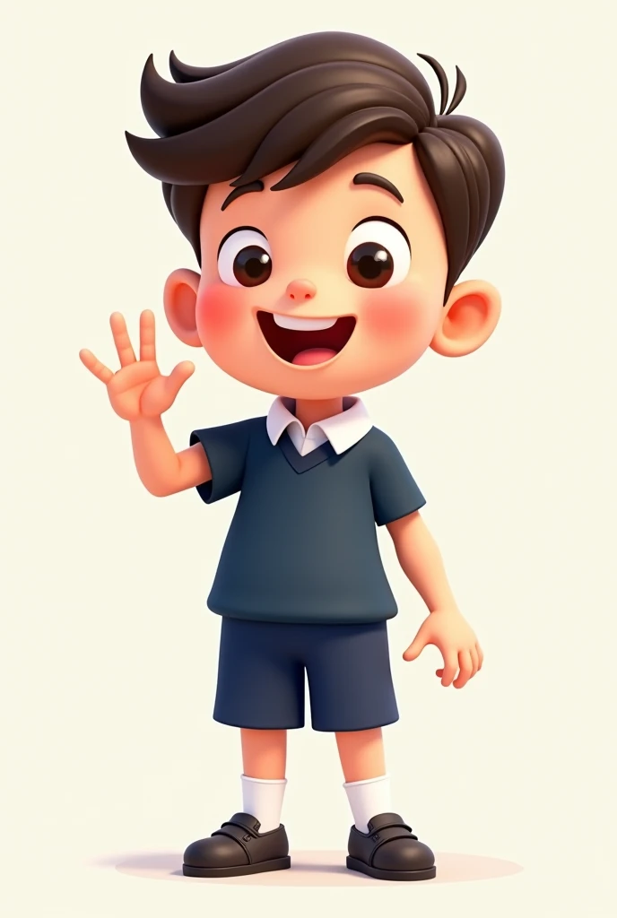 A cartoon boy wearing a dark blue short-sleeved school uniform and dark blue shorts is making a 3D OK sign, looking straight ahead.