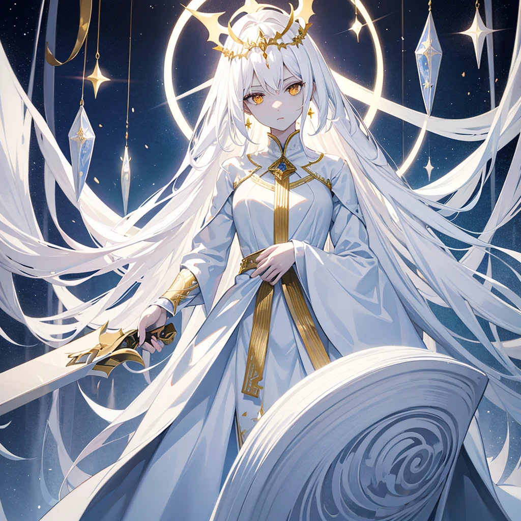 slender woman, pure white hair, dark skin, pale yellow eyes with an iris that looks like a star, dressed in white robes with golden details, a halo with a shape that resembles a crown, with two weapons that look like crosses hanging at her sides. of the hip, located in a futuristic coliseum
