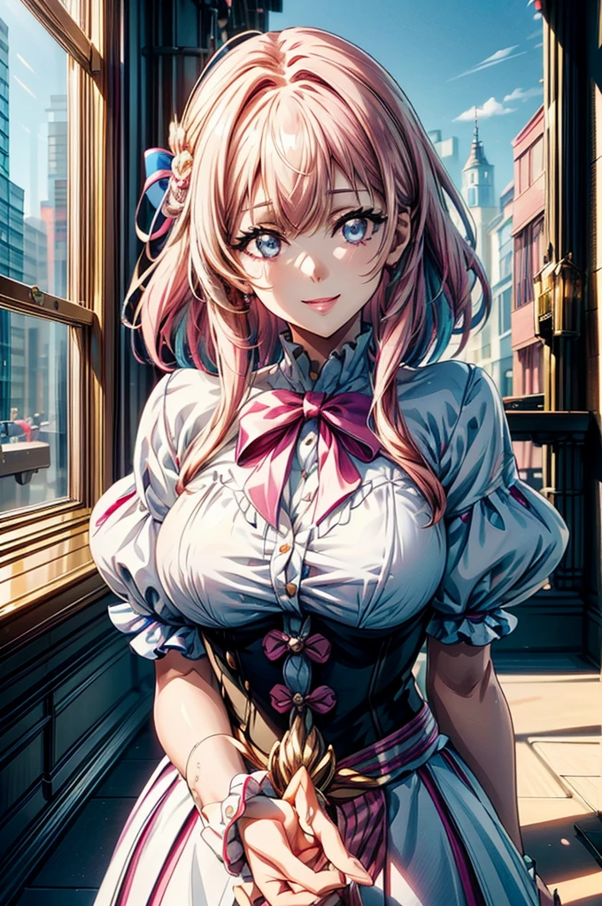 "(Top Quality, Masterpiece, Ultra High Definition, High Resolution, HDR, Unity 8K Wallpaper, Beautiful details, depth, delicacy, vibrant colors). A single girl in an anime style inspired by Epic Seven. She has beautifully detailed eyes, lips and face, and her eyelashes are long. She wears an intricate and revealing gyaru-style uniform, with a mini skirt and cute ribbon accessories. Her hair is multi-colored with a striped curly texture, blending rainbow colors and half white, half pink tones. The focus is on the upper body, and her arms and hands are relaxed and not raised, in a relaxed pose. She captures a smiling expression. The image highlights her charming and adorable appearance with an erotic and cute atmosphere.
The girl's hairstyle is distinctive and different, adding uniqueness to her look. She has four visible fingers, and the joints of her thumb are finely drawn.
The scene is rendered in ultra high definition CG, with vivid details."