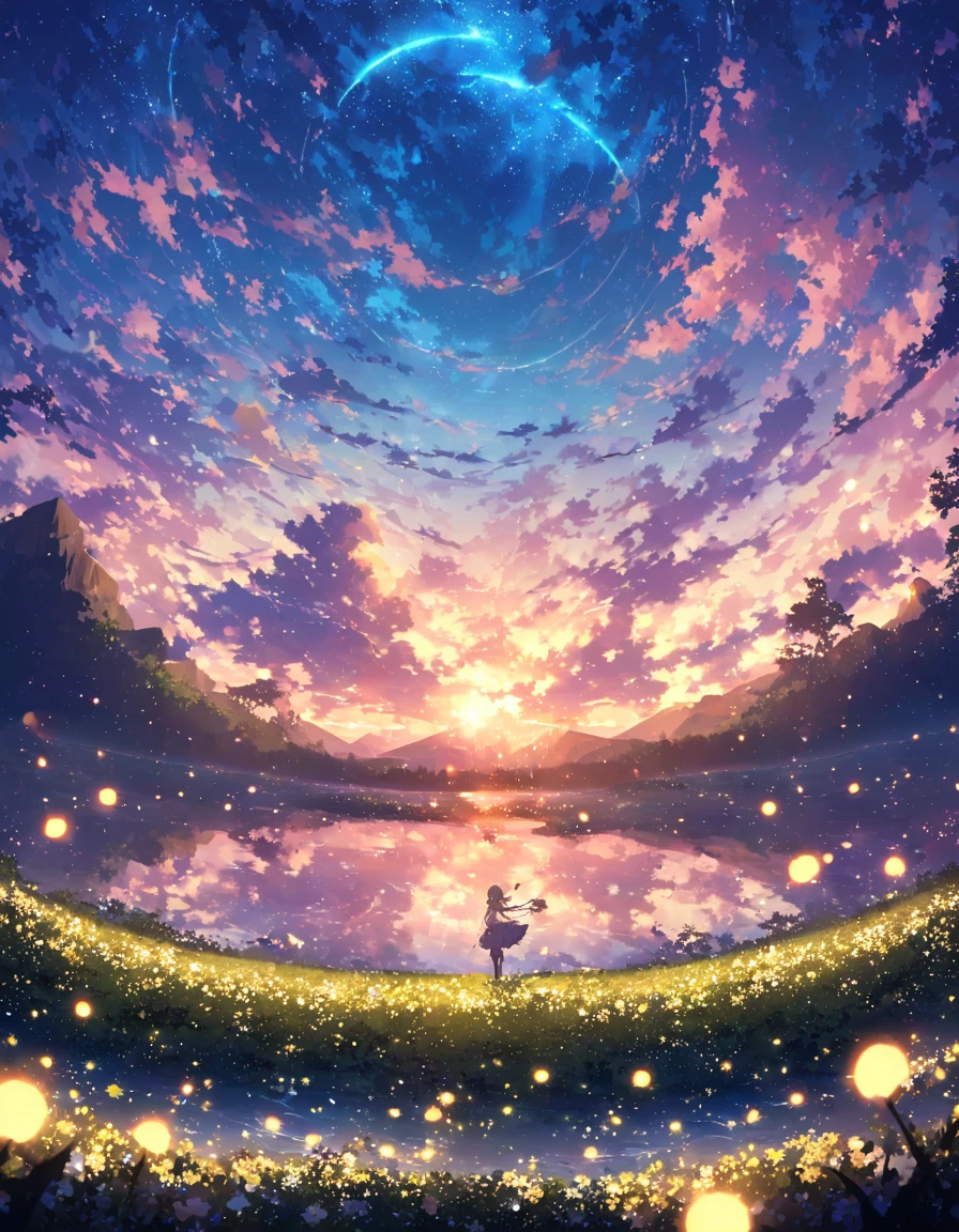 blue sky, White clouds floating in the distance, ((Sea of firefly flowers))、Firefly flowers bloom、Firefly flower field、((There is no one))、 Vast landscape photography , ((Landscape only)), holding a fae wand、Fireflies are flying around. The background features cloud flowers of various sizes.., dream-like, 青い色調のdream-like雰囲気. High definition anime style, High resolution, Capturing the vastness of nature. Soft lighting creates a warm atmosphere.(Glowing lights, Atmospheric lighting), dream-like, Magic,horizon