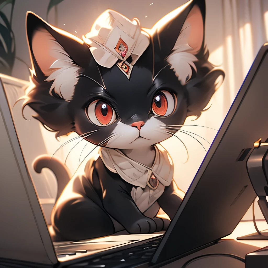 araffe cat sitting on a blanket in front of a laptop computer, he has short curly brown hair, hyperdetailed!!, hyper detailed!!, sphinx cat, hyperdetailed!!!, large red eyes!!!, he has an elongated head shape, gorgeous features, hairless, looking defiantly at the camera, with a large head and big eyes, a handsome