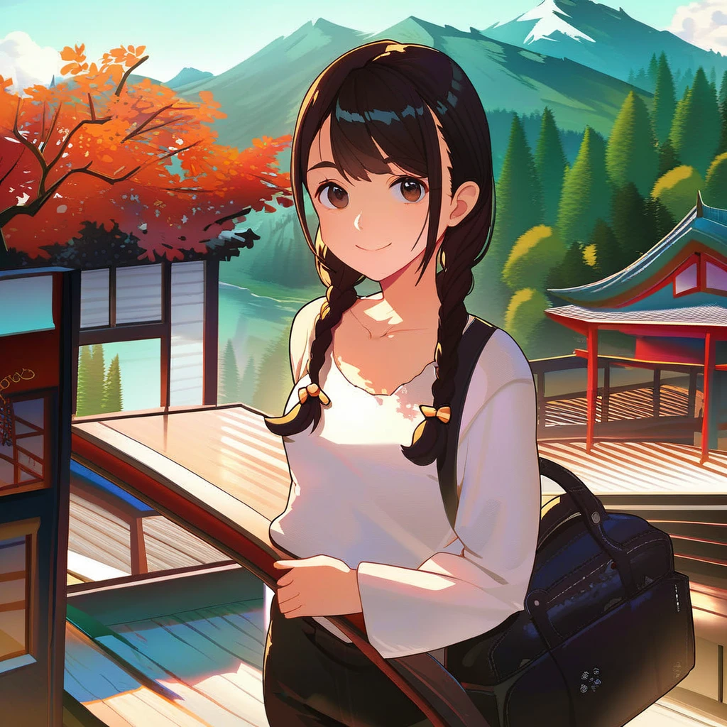 score_9, score_8_up, score_7_up, score_6_up, score_5_up, score_4_up, BREAK source_anime, masterpiece, 1girl, braid, solo, twin braids, black hair, outdoors, smile, looking at viewer, long hair, holding, bangs, mountain, tree, closed mouth, long sleeves, east asian architecture, black eyes, collarbone, pants, brown eyes, day, white shirt, architecture, ribbon, bag