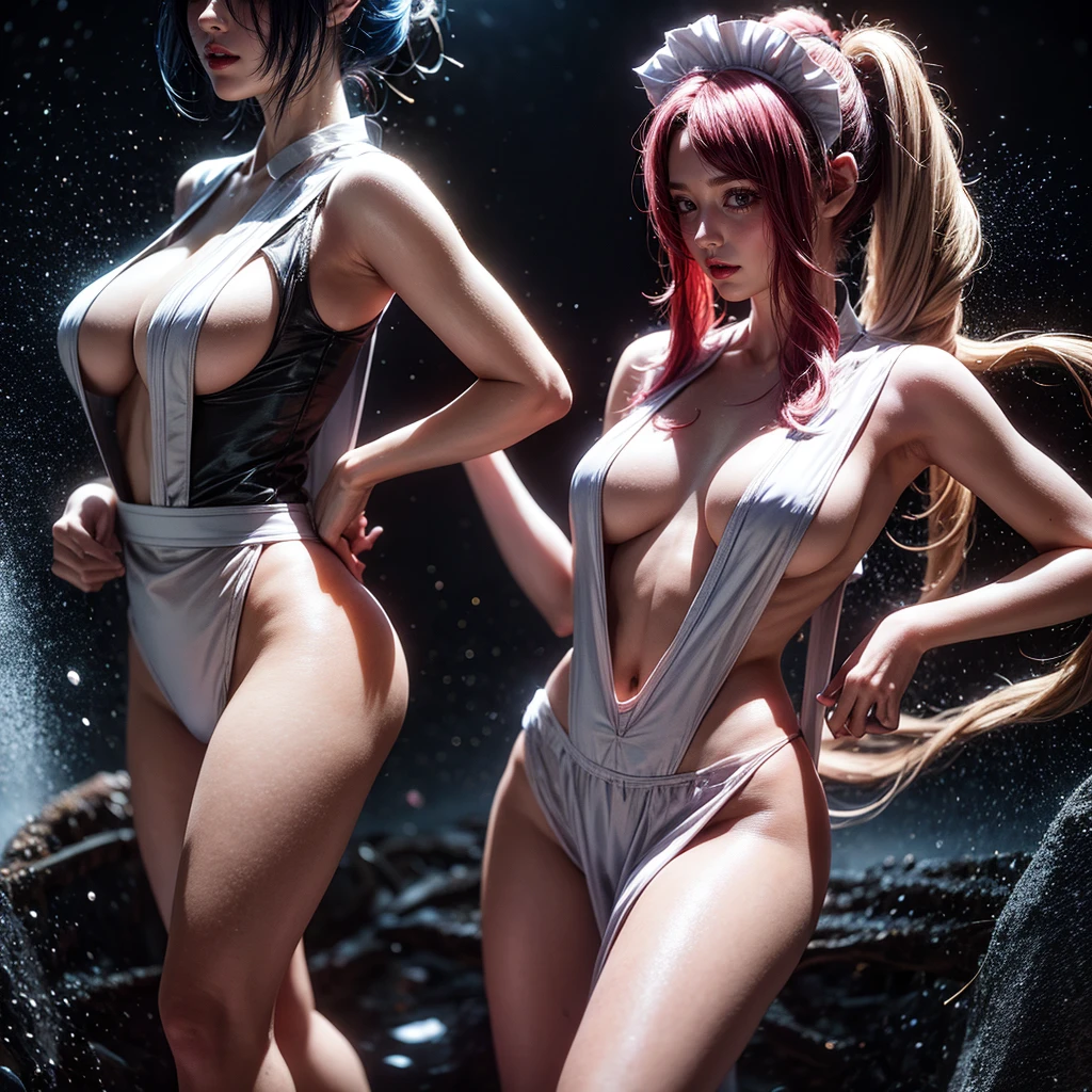 (Full Body of Extremely Detailed((Sexy Maid Group in a row:1.37))), KAWAII perfect face, Reflective Eyes, Detailed(Delicate Clothing textures), Correct Leg Line, Dynamic Joyful Expressions LifeLike Rendering, Specular Reflection, TopQuality 8K Ultra-detailed masterpiece (ProfessionalPhoto:1.37), (Acutance:0.8), (Luminism:1.28), (Renaissance art style), Colorful Light particles, ((Full body from side)), {Kissing|Thigh Gap|AssFocus|(NakedApron with Overflowing SideBoob)}, Radiant Fine Skin with Transparency, (Exposed:0.4), (Different types of Anime hair color){Pink Hair|Blue Hair|Platinum Blonde|Pure White Hair|Liquid Hair}, Perfect Lighting , (nipple:-1.28)