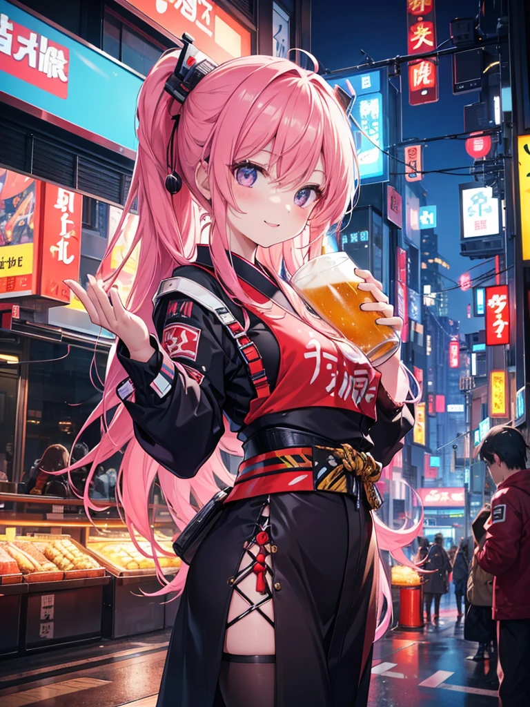 In a futuristic Tokyo setting, a lively Japanese girl is having a great time in a bustling izakaya, holding a large mug of beer in one hand and wearing a bright, cheerful smile. She’s dressed in trendy fashion with the latest hair color and hairstyle that reflects current trends. The surroundings are vibrant, with neon lights and sleek, modern décor that blends traditional and futuristic elements. She strikes a variety of poses, showing off her outfit and energy. The image should be highly detailed, with perfect and accurate anatomy, high resolution, and sharp clarity.